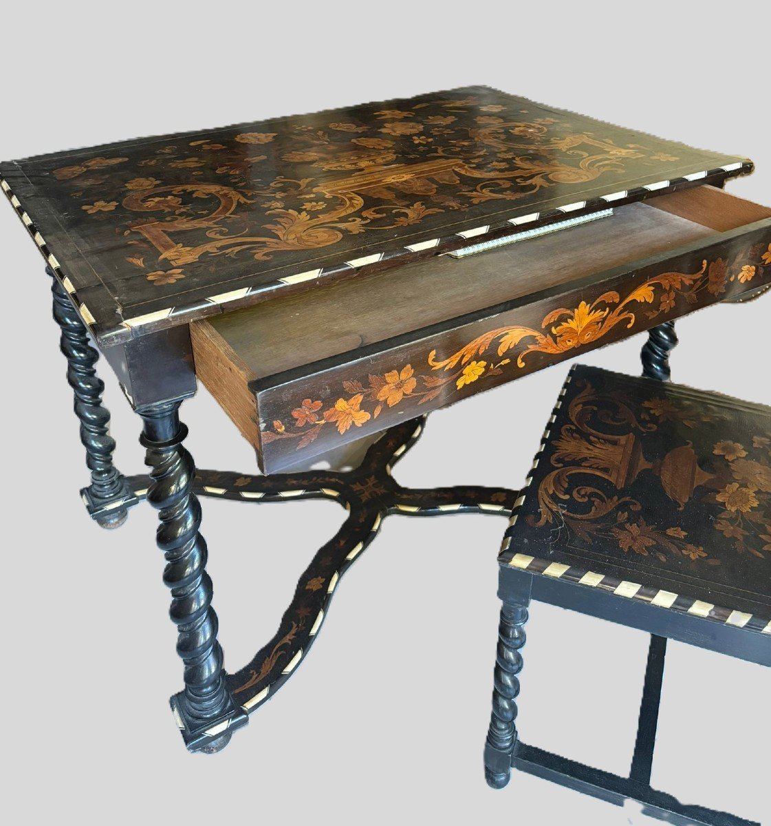 Center Desk Table With Chair, Louis XIV France Style, Nineteenth Century Inlays In Various Woods, Ivories.-photo-2