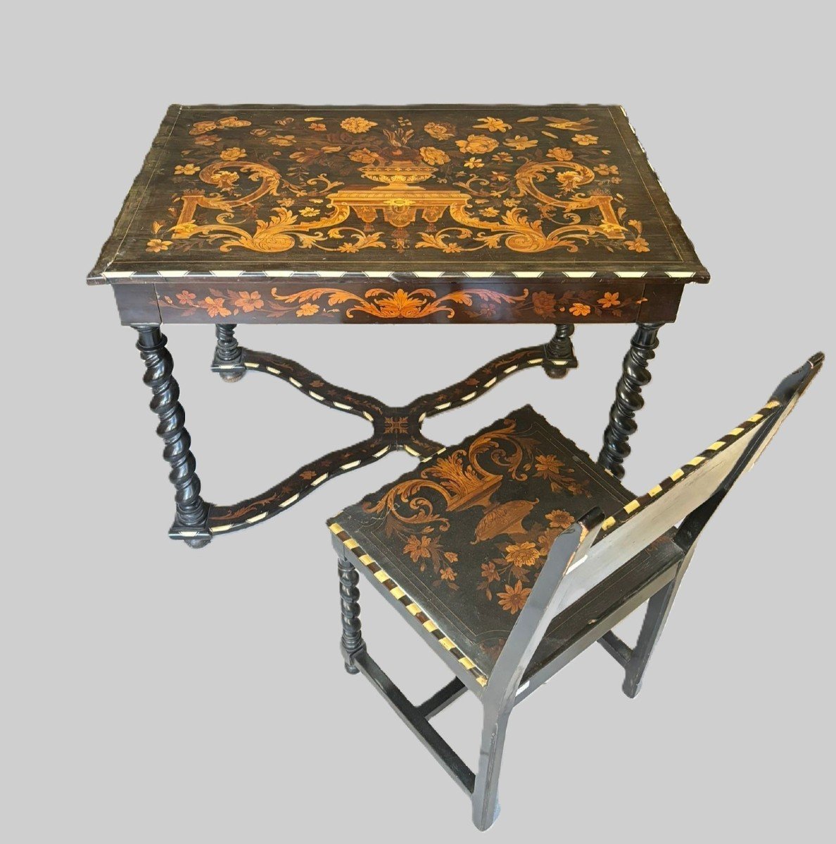 Center Desk Table With Chair, Louis XIV France Style, Nineteenth Century Inlays In Various Woods, Ivories.