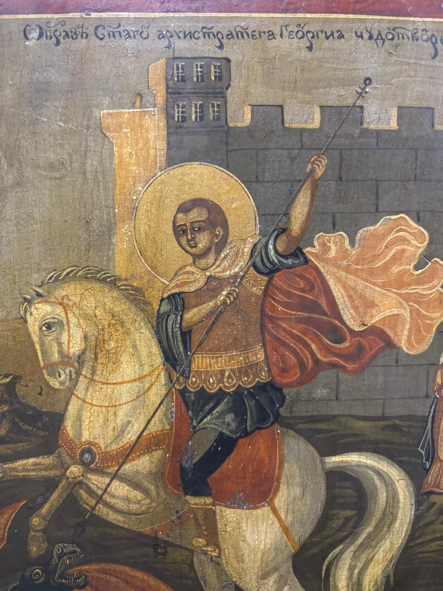 Icon Depicting St. George On Horseback Killing The Dragon, 19th Century-photo-1