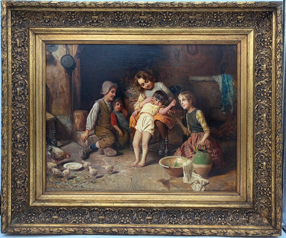 Scène familiale dans un intérieur paysan