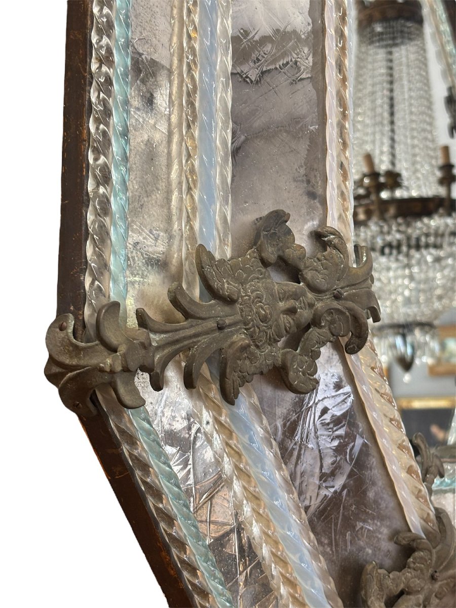 Grand miroir vénitien octogonal en verre gravé et bronze, début du XXe siècle-photo-3