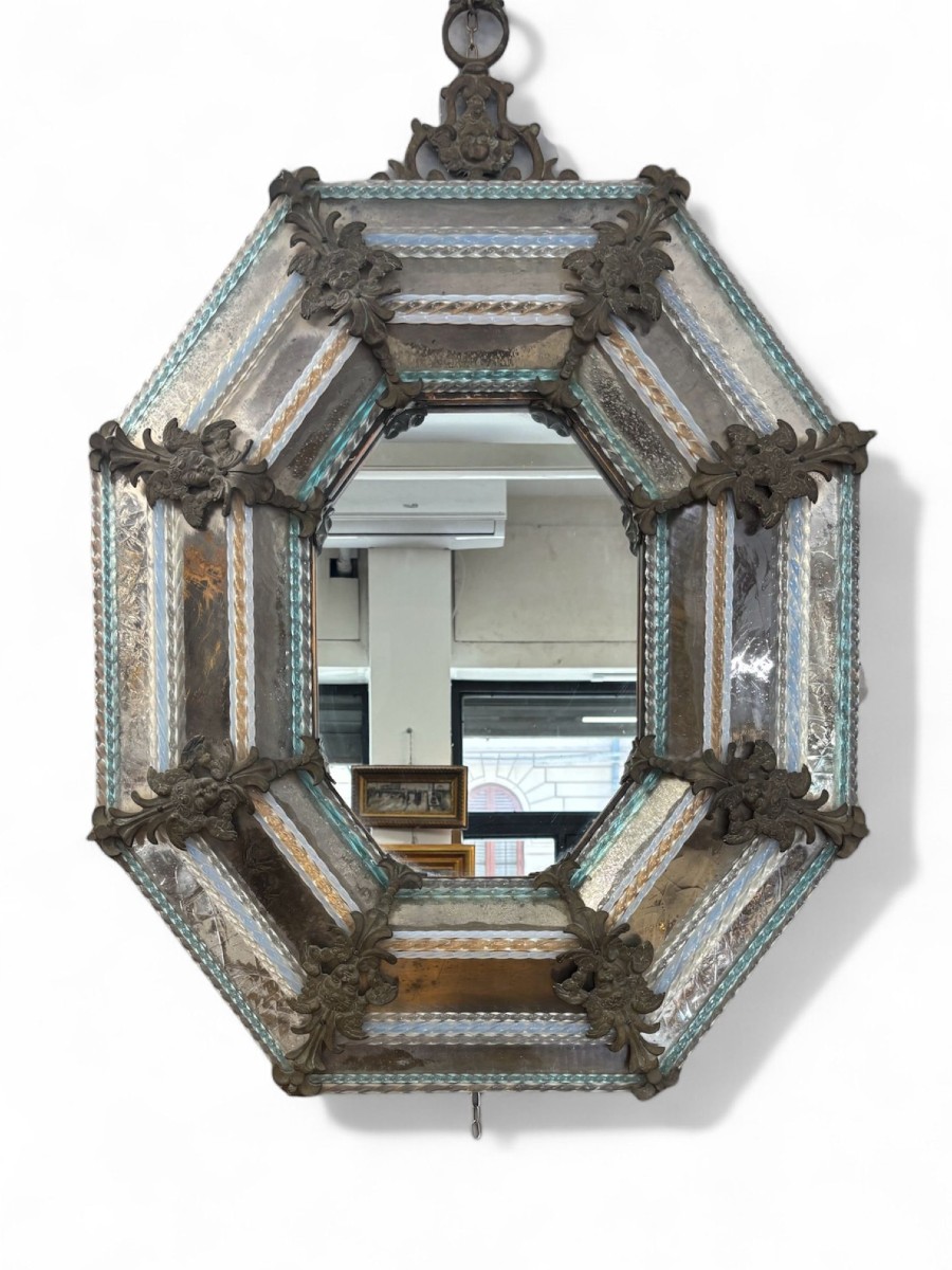 Grand miroir vénitien octogonal en verre gravé et bronze, début du XXe siècle