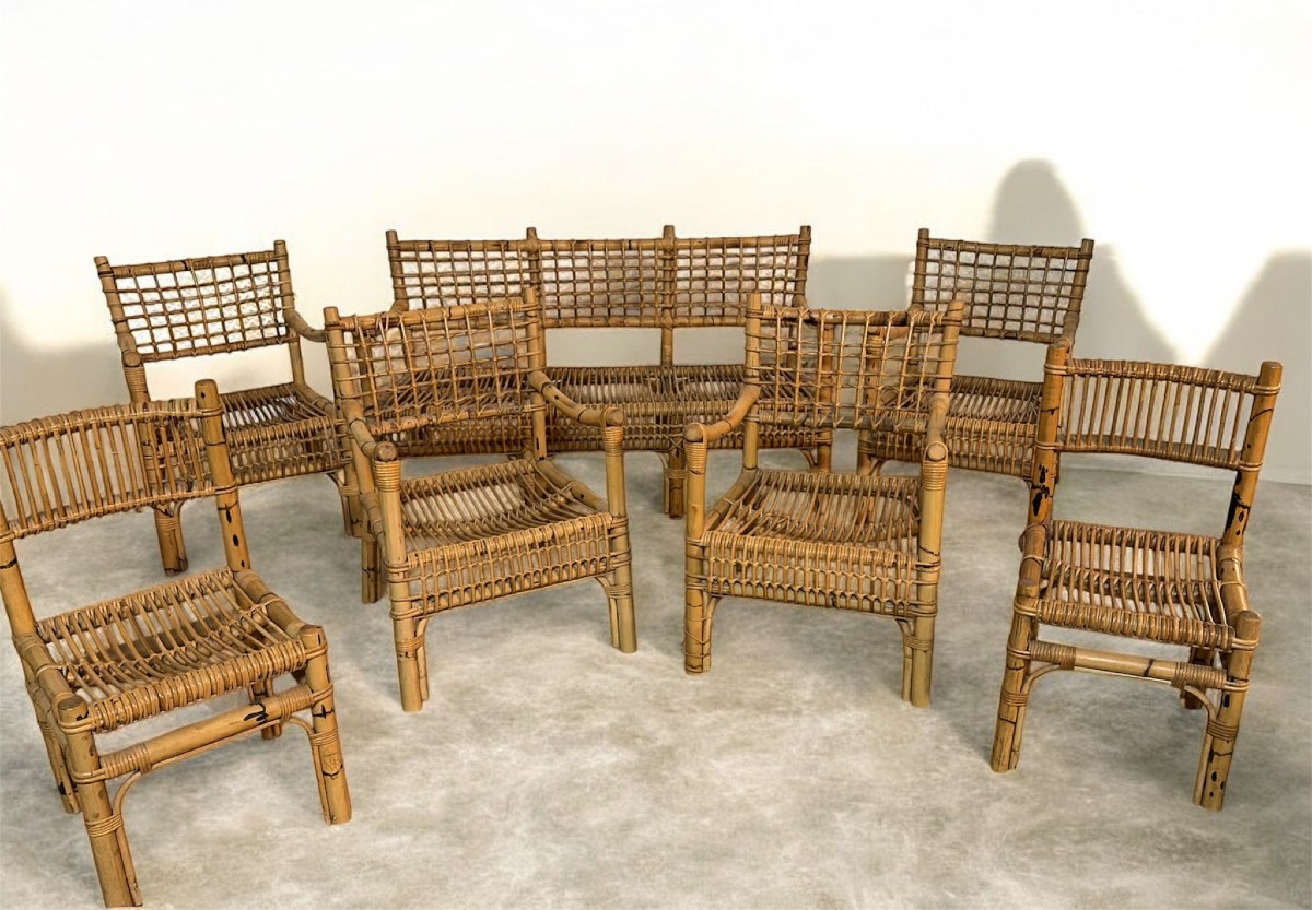 Bamboo And Rattan Living Room Set – Attributed To Franco Albini For Bonacina, Italy, 1950s–1960