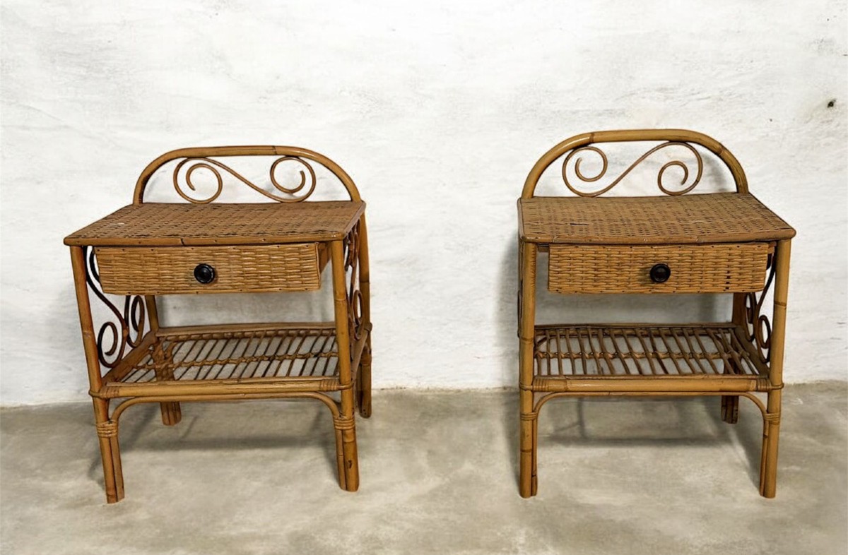 Paire de tables de chevet en bambou et rotin tressé – Italie, années 1950