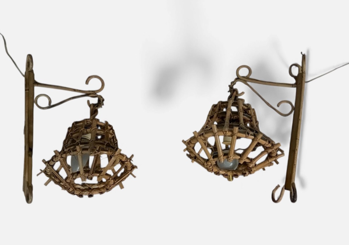 Elegant Natural Rattan Wall Sconce, Attributed To Luis Sogno, One Of The Leading Figures In Ita-photo-2