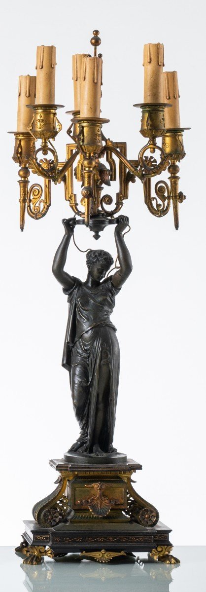 Pendule triptyque en bronze patiné-photo-4