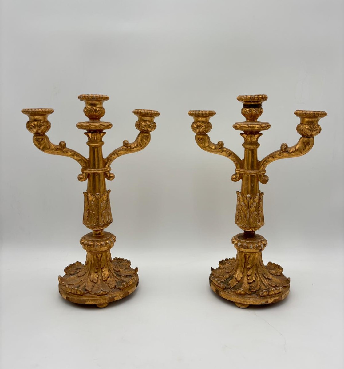 Pair Of Three-light Gilded Wooden Candelabra – Sicily, Late 18th/early 19th Century