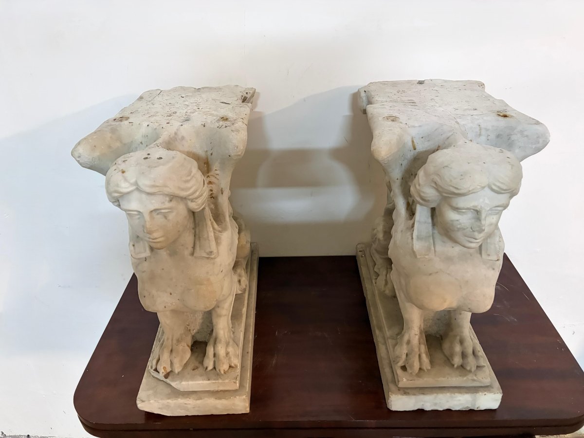 Pair Of Winged Marble Sphinxes – Second Half Of The 18th Century-photo-3