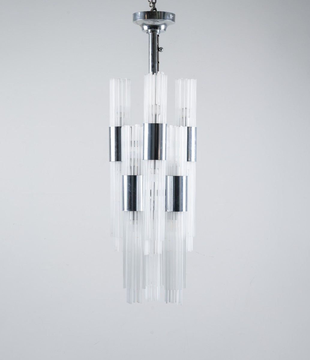 Venini, suspension à 12 lumières, fabriquée à Murano, Italie, 1970.