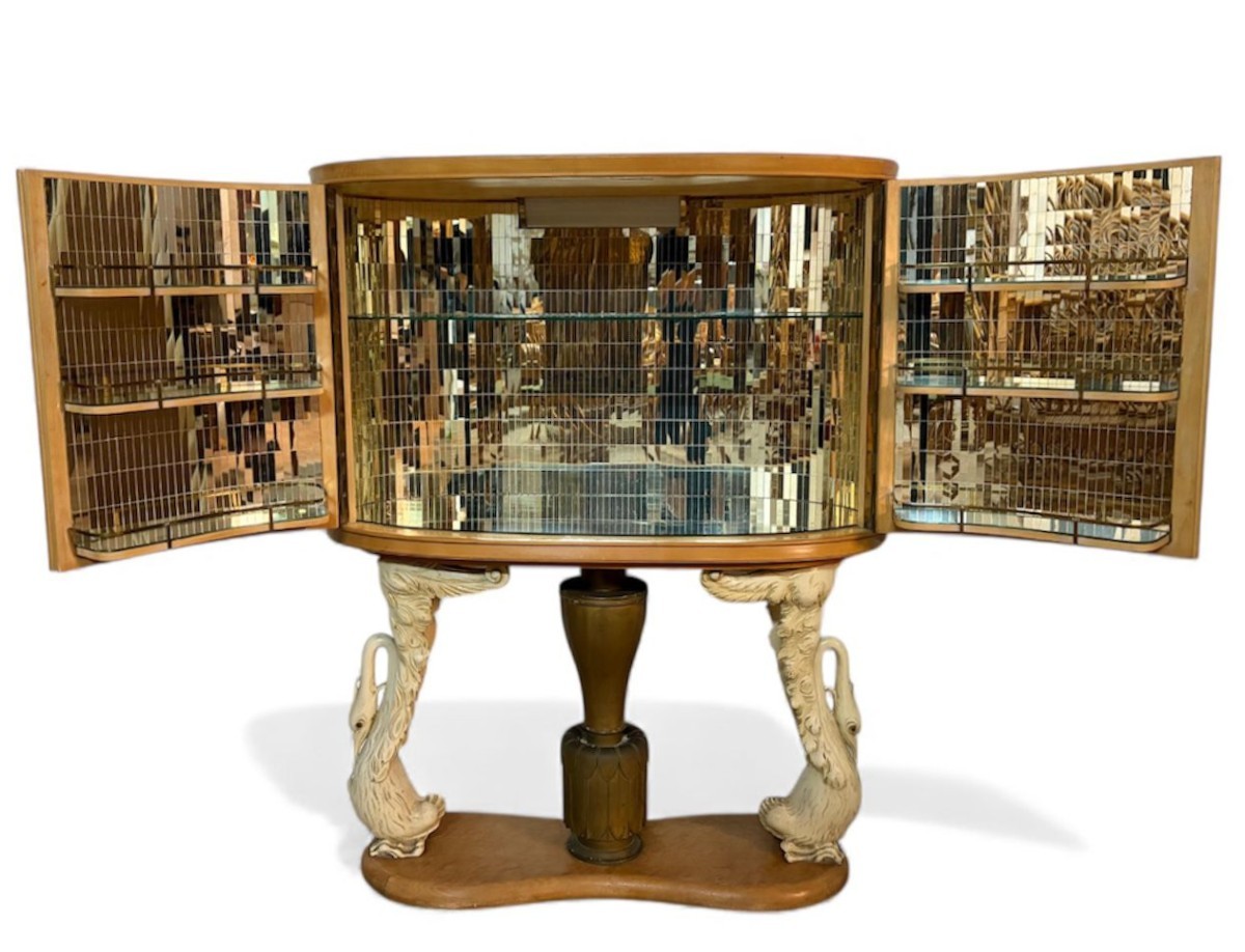 Italian Art Deco Bar Cabinet With Sculpted Swans And Gilt Bronze Column, Ca. 1940