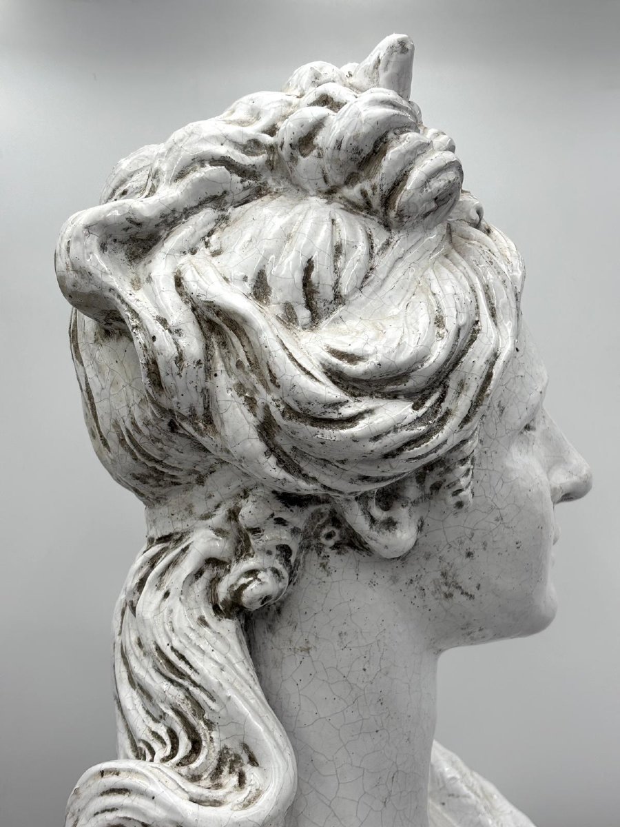 Large  Bust Depicting Diana, White Glazed Terracotta, Late 19th Century-photo-3