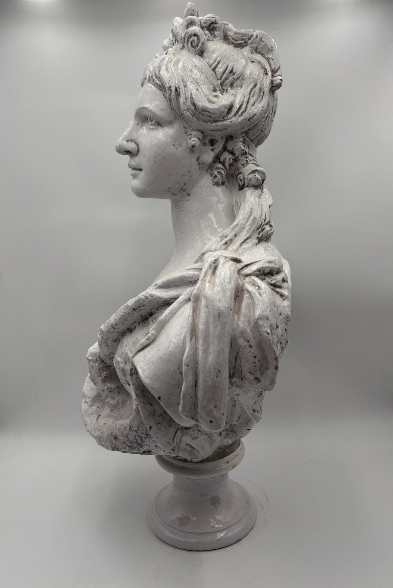 Large  Bust Depicting Diana, White Glazed Terracotta, Late 19th Century-photo-5