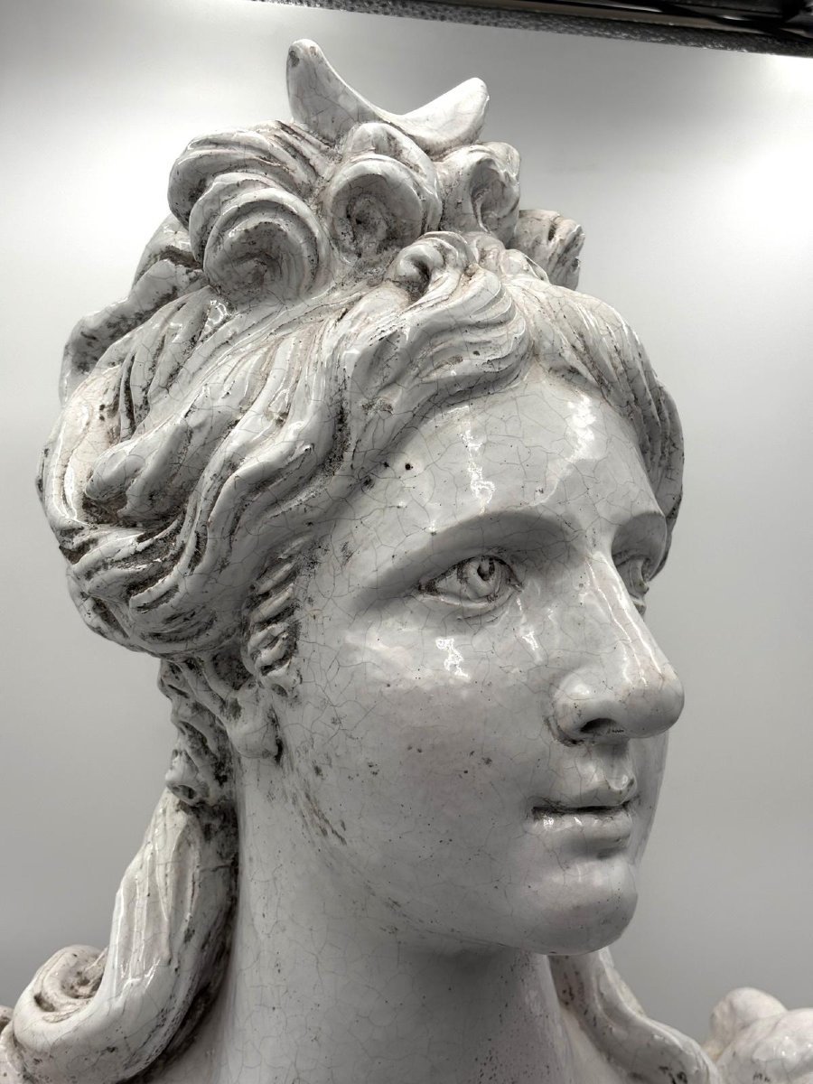 Large  Bust Depicting Diana, White Glazed Terracotta, Late 19th Century-photo-6