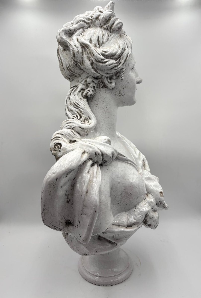 Large  Bust Depicting Diana, White Glazed Terracotta, Late 19th Century-photo-7