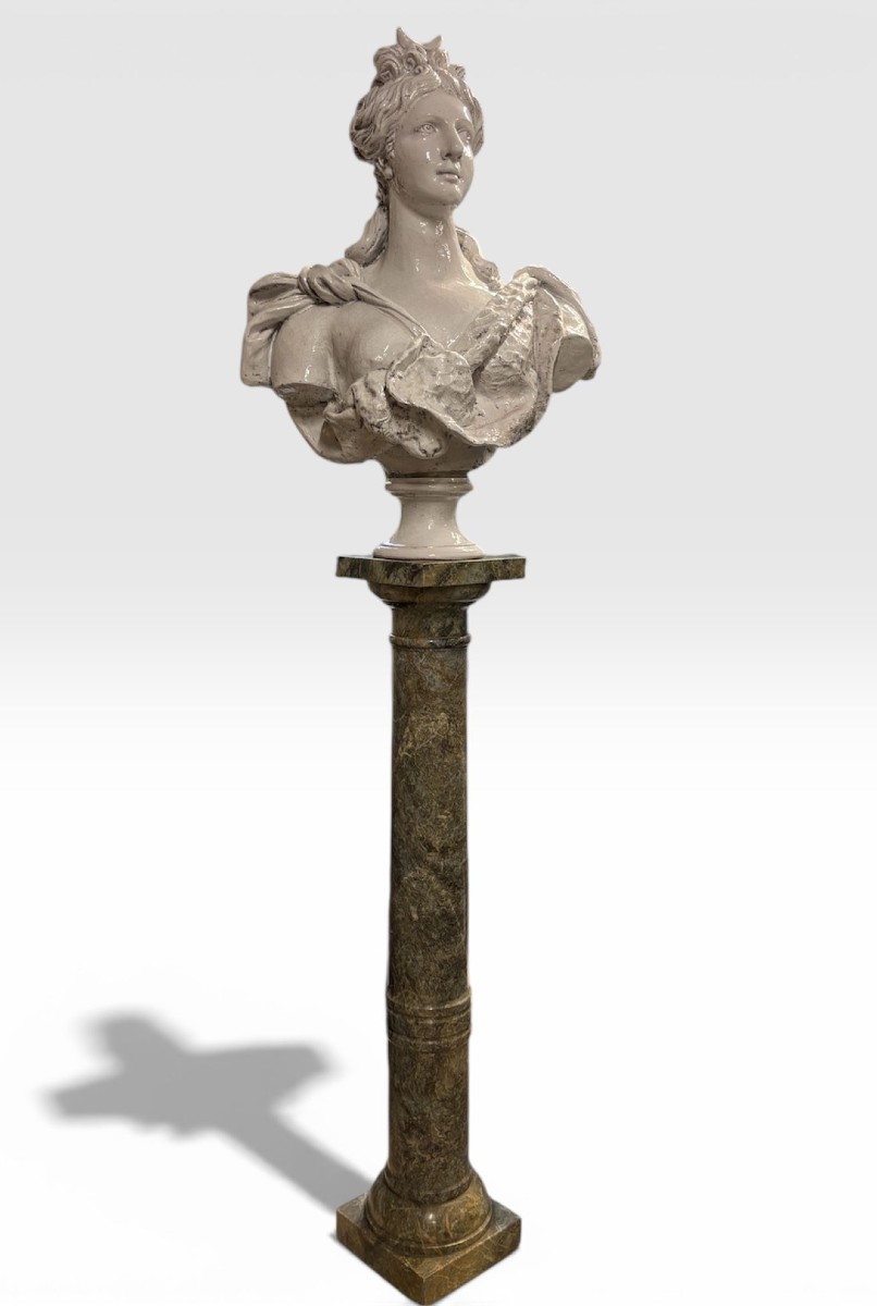 Large  Bust Depicting Diana, White Glazed Terracotta, Late 19th Century