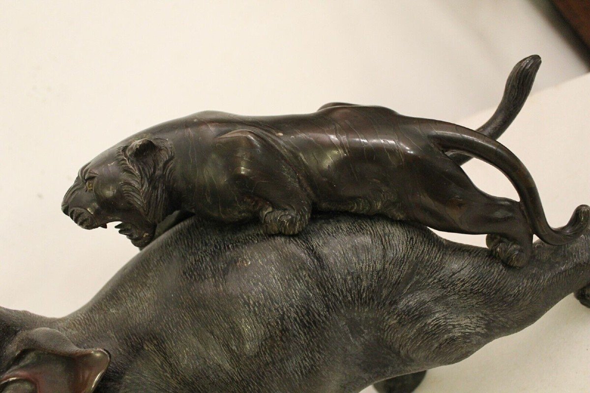 Groupe Sculptural éléphant Et Tigres  -okimono-photo-2