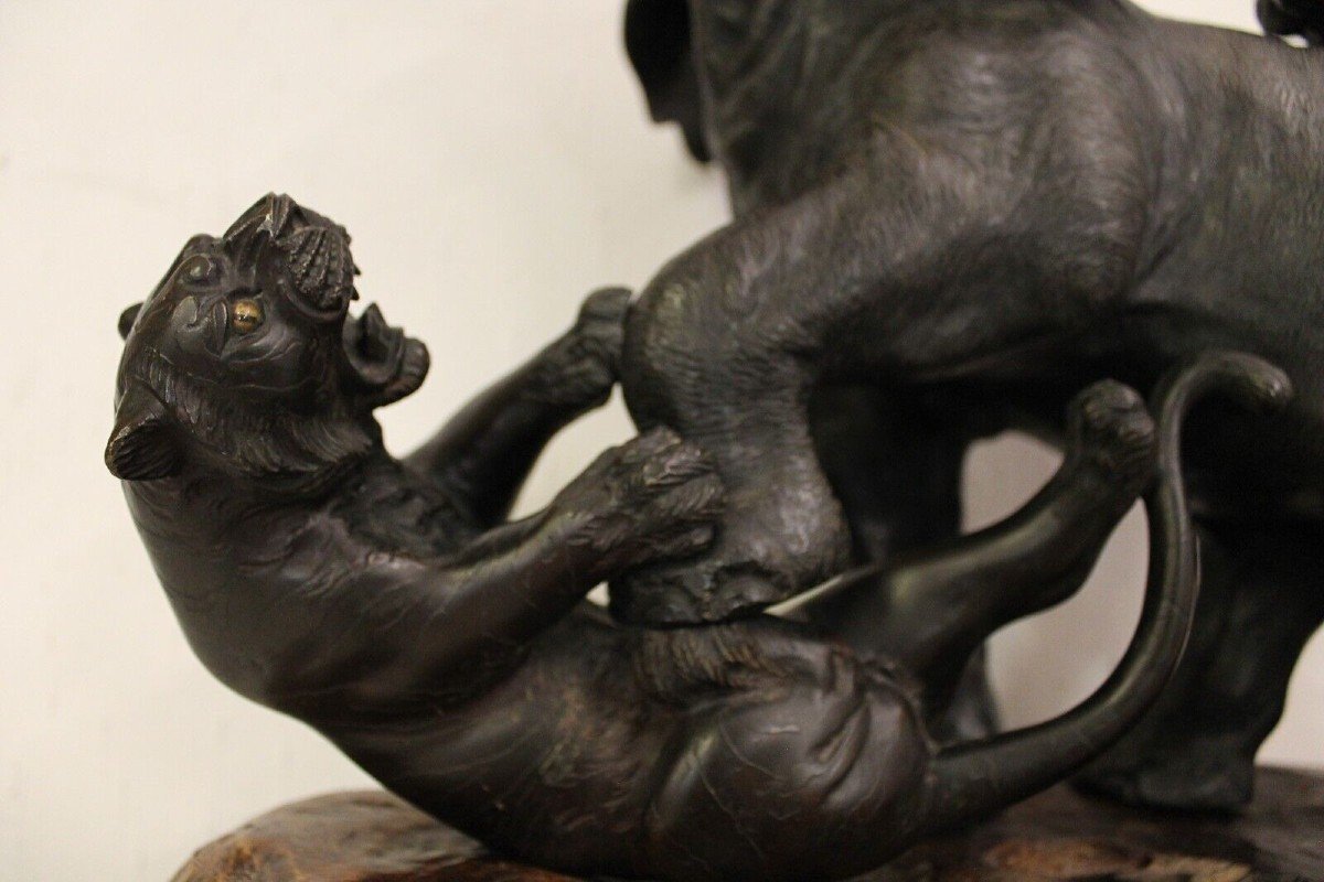 Groupe Sculptural éléphant Et Tigres  -okimono-photo-4