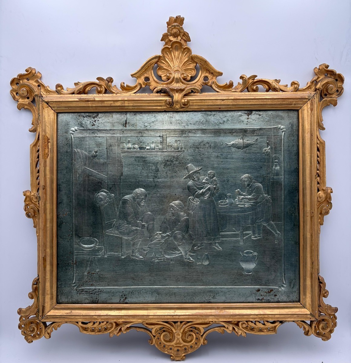 Scène domestique gravée sur verre à la feuille d'argent, France ou Italie, fin du XIXe siècle