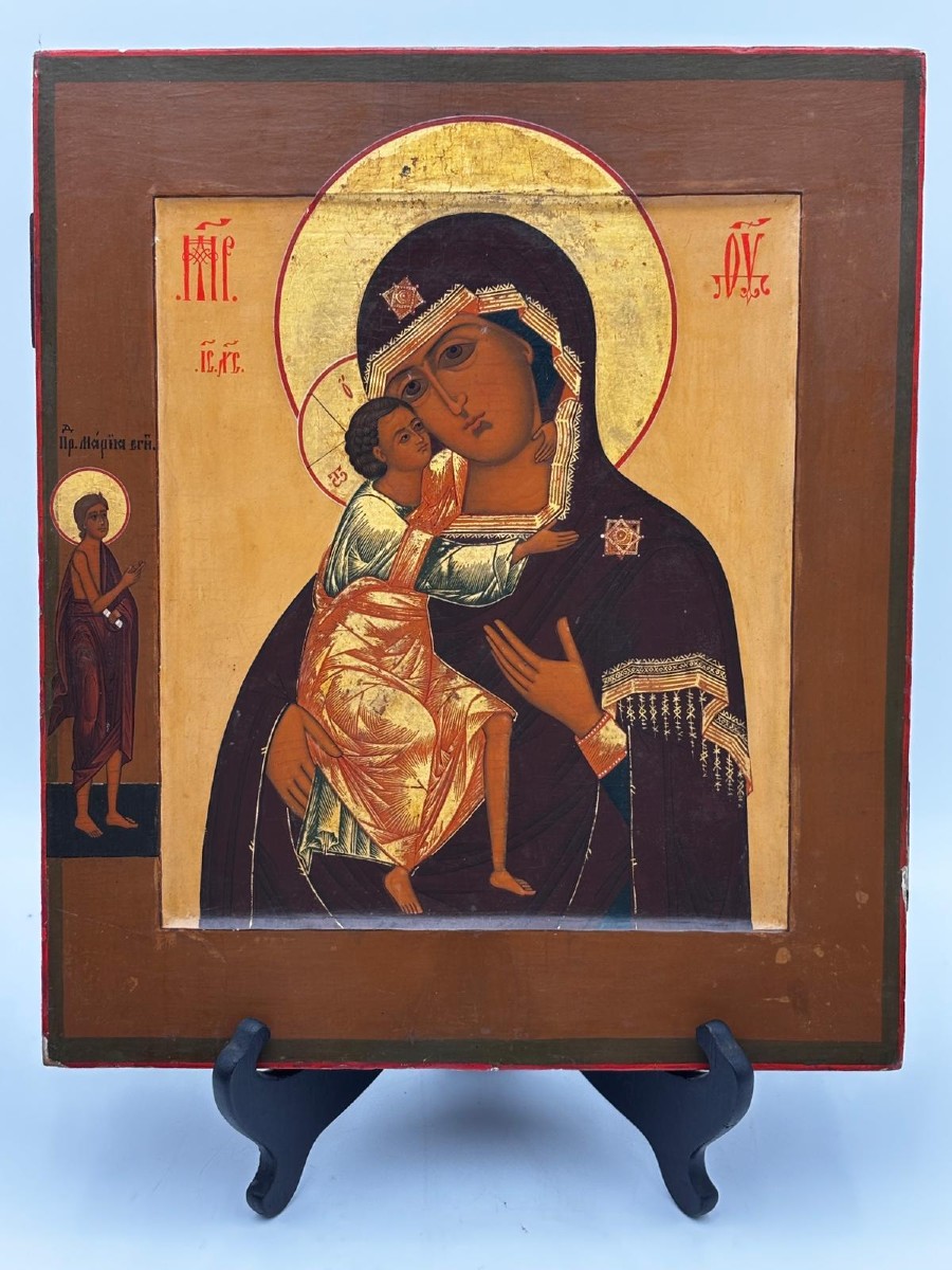 Russian Icon Of The Mother Of God “eleousa” (tenderness) – 19th Century; Tempera On Wood, Gold Ground