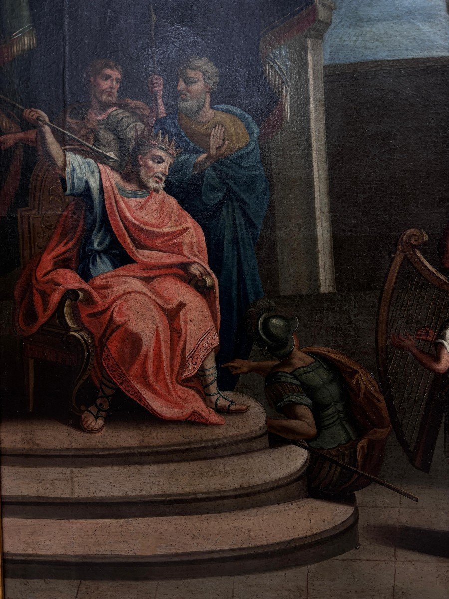 Grande peinture à l'huile sur toile représentant David jouant de la harpe devant le roi Saül-photo-2