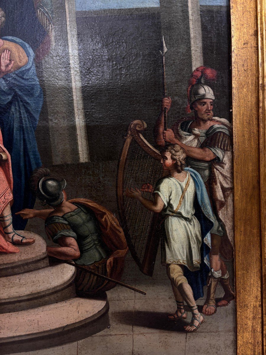 Grande peinture à l'huile sur toile représentant David jouant de la harpe devant le roi Saül-photo-3