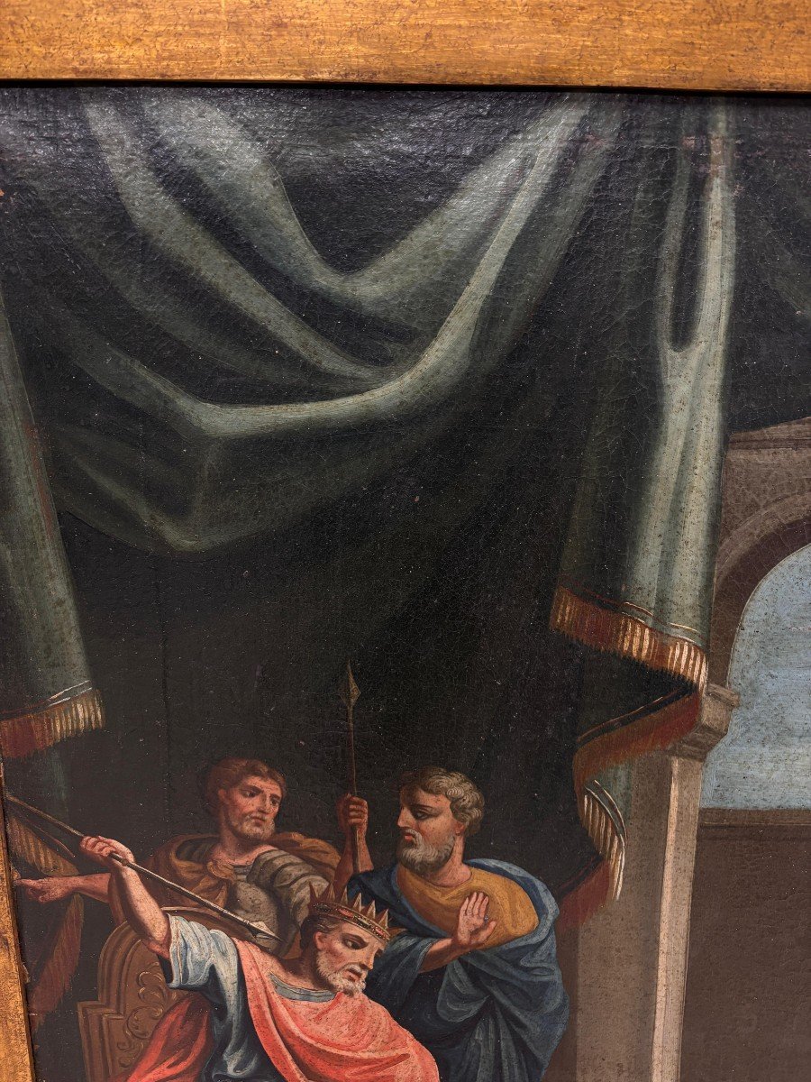 Grande peinture à l'huile sur toile représentant David jouant de la harpe devant le roi Saül-photo-4