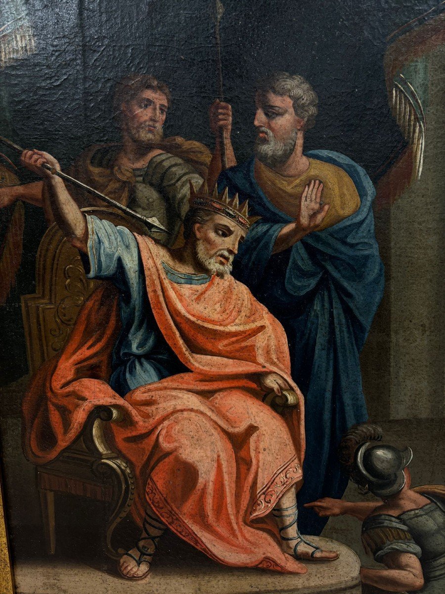 Grande peinture à l'huile sur toile représentant David jouant de la harpe devant le roi Saül-photo-1