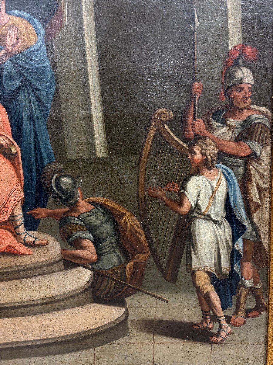 Grande peinture à l'huile sur toile représentant David jouant de la harpe devant le roi Saül-photo-2
