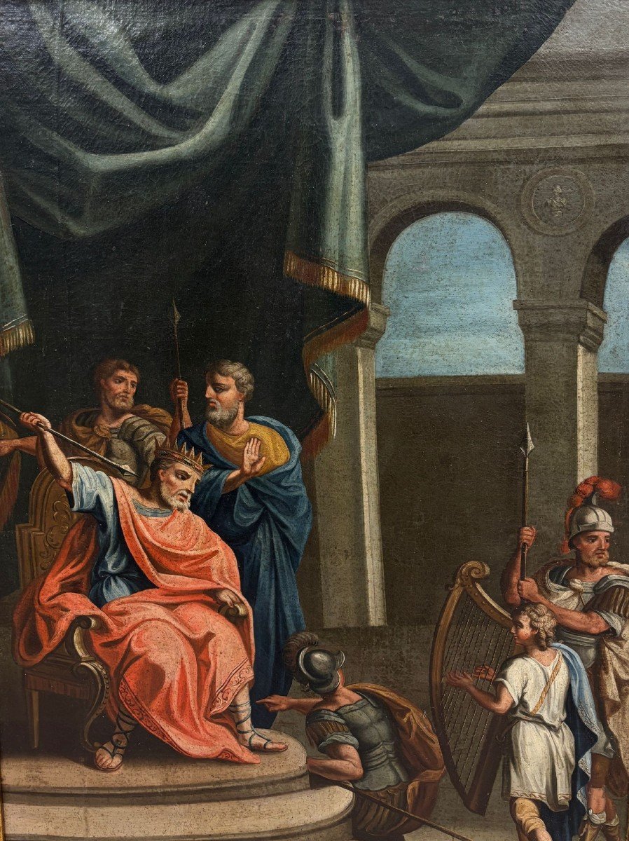 Grande peinture à l'huile sur toile représentant David jouant de la harpe devant le roi Saül-photo-3