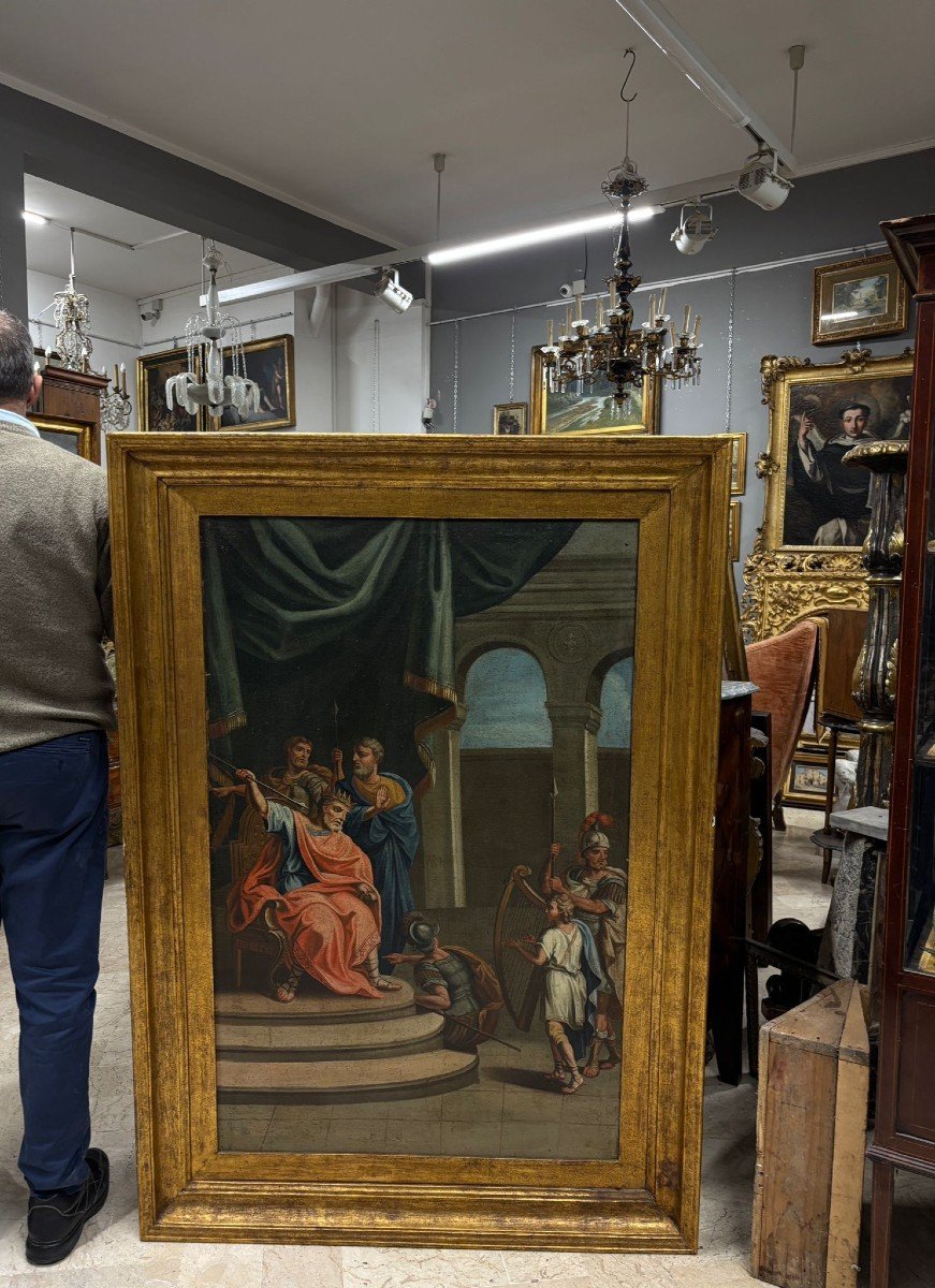 Grande peinture à l'huile sur toile représentant David jouant de la harpe devant le roi Saül-photo-4
