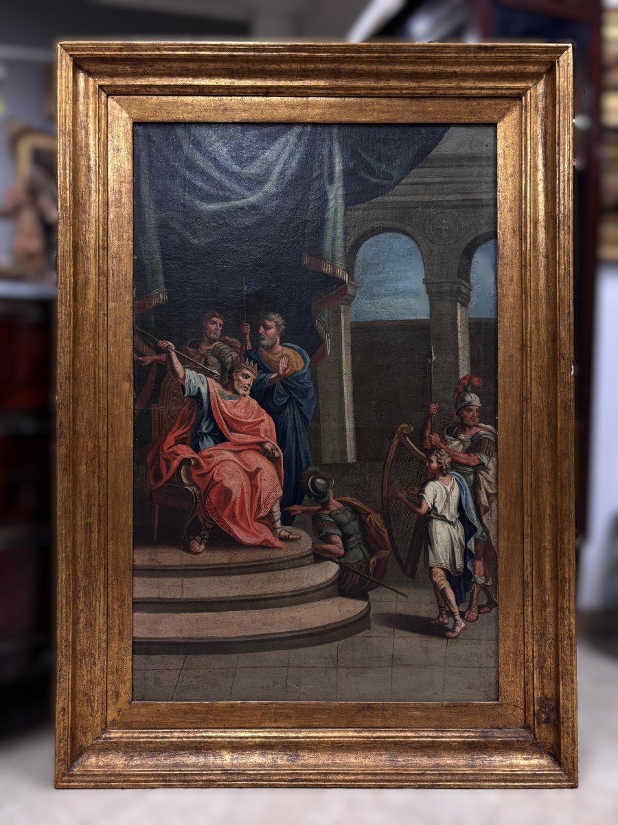 Grande peinture à l'huile sur toile représentant David jouant de la harpe devant le roi Saül-photo-6