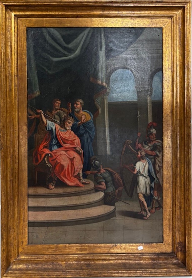 Grande peinture à l'huile sur toile représentant David jouant de la harpe devant le roi Saül