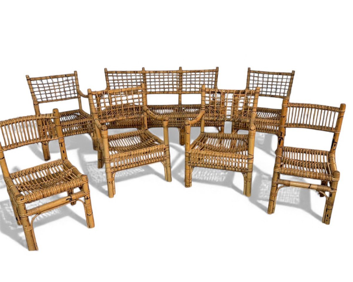 Ensemble de salon en bambou et rotin .Attribué à Franco Albini pour Bonacina, Italie, années 50-photo-3