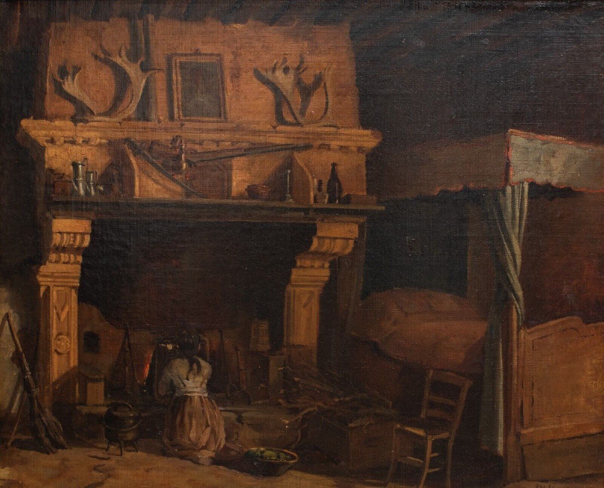 Intérieur rustique avec grande cheminée – Lambertus Johannes Hansen (1803-1859)-photo-3