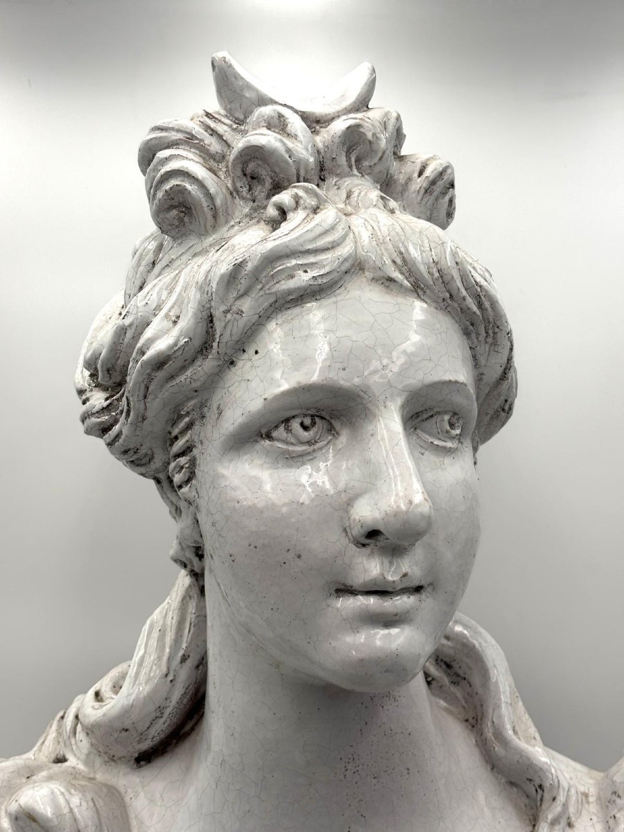 Large Bust Depicting Diana, White Glazed Terracotta, Late 19th Century-photo-2