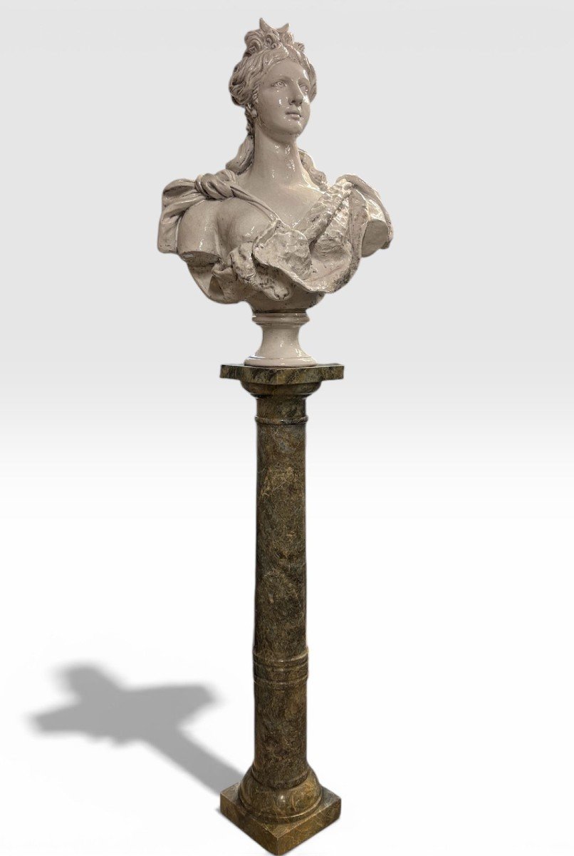 Large Bust Depicting Diana, White Glazed Terracotta, Late 19th Century