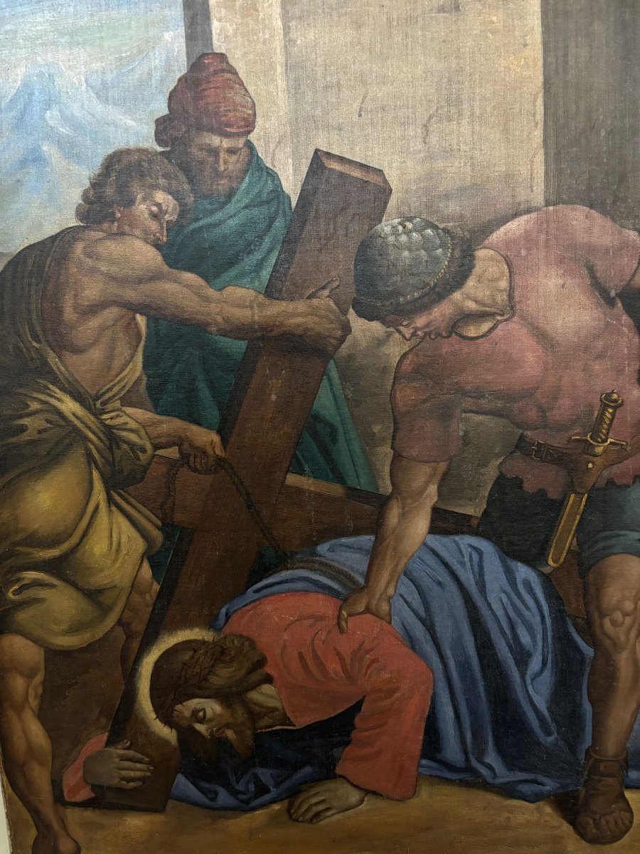  Huile sur toile, Jésus tombe avec la Croix.-photo-2