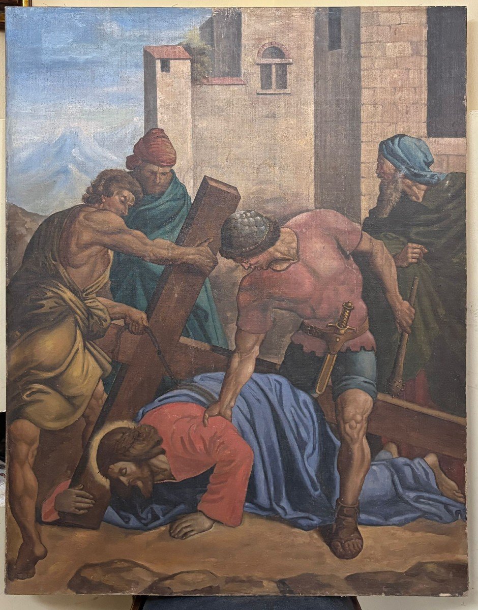  Huile sur toile, Jésus tombe avec la Croix.-photo-3