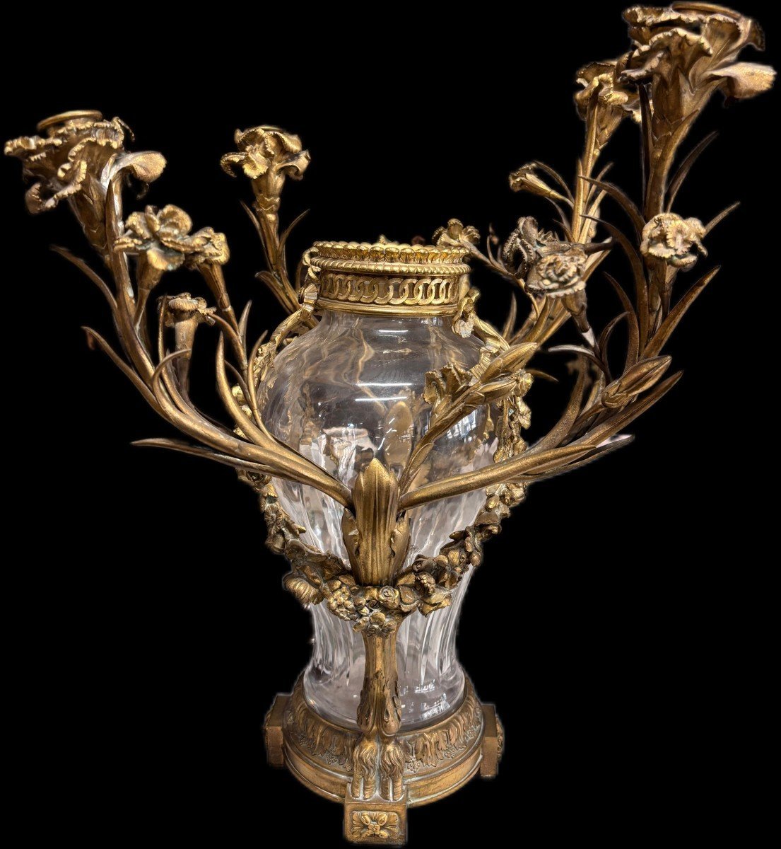 Grande Lampe Avec Vase En Cristal Et Bronze Doré-photo-2