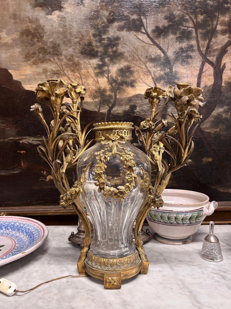 Grande Lampe Avec Vase En Cristal Et Bronze Doré-photo-3