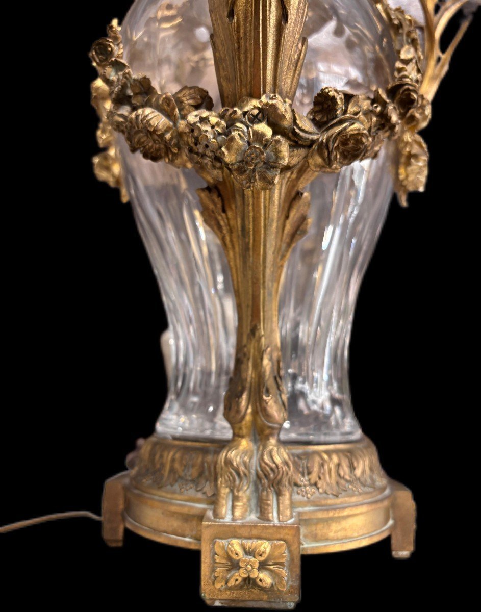 Grande Lampe Avec Vase En Cristal Et Bronze Doré-photo-4