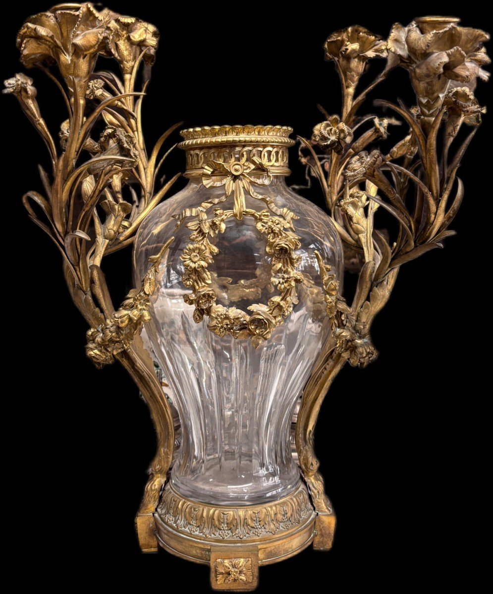 Grande Lampe Avec Vase En Cristal Et Bronze Doré