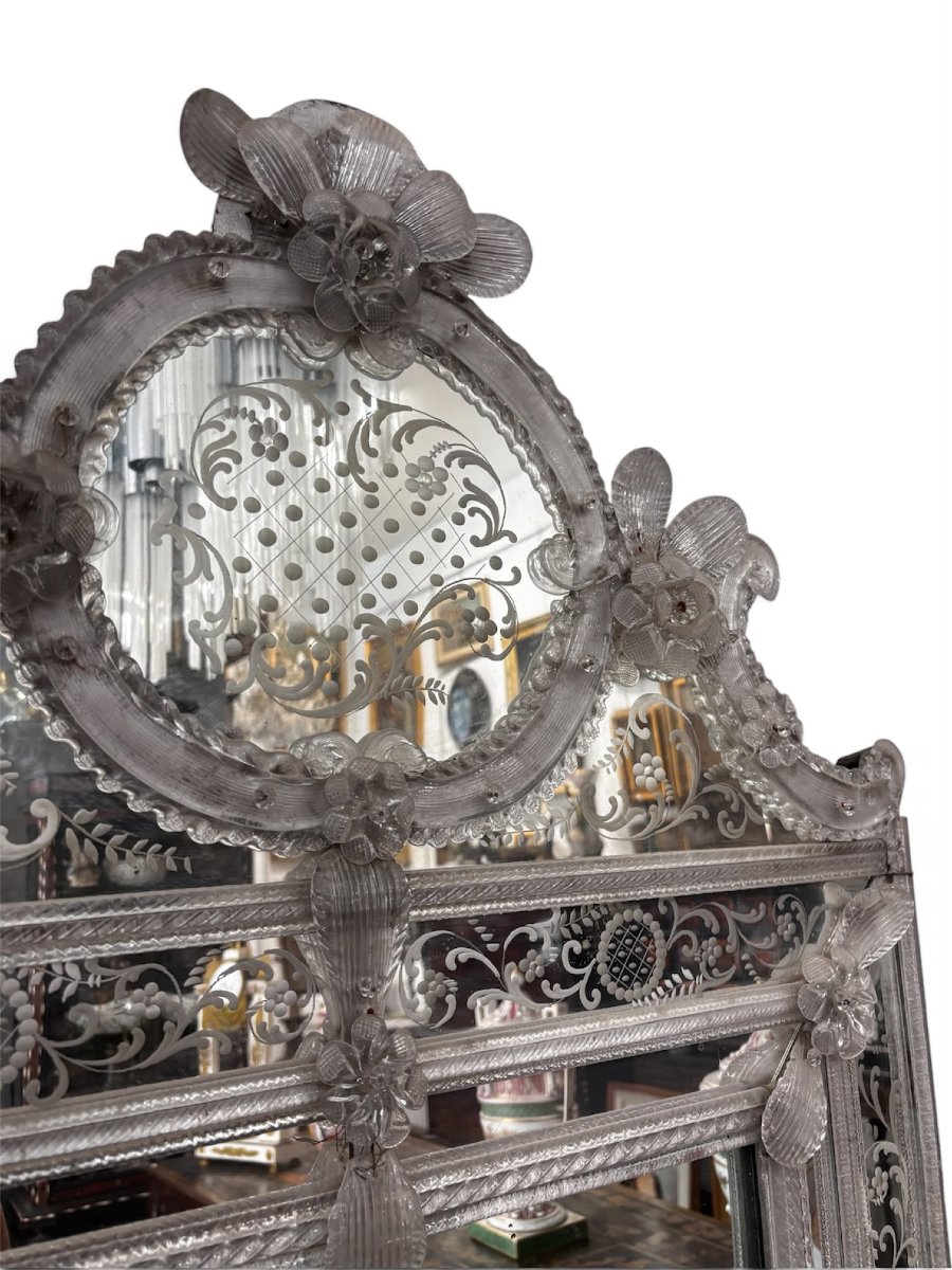 Large Venetian Mirror Made Of Engraved Murano Glass – Early 20th Century-photo-1