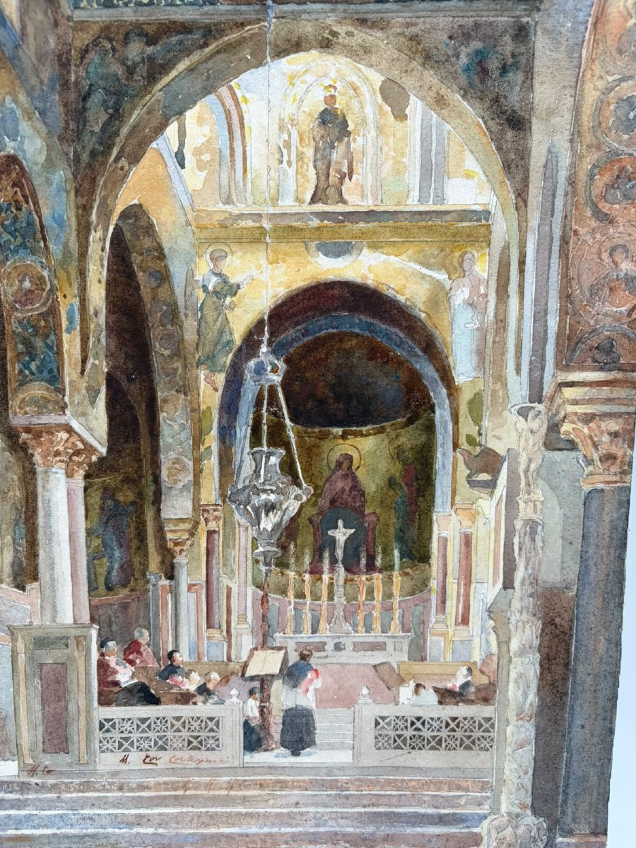 Michele Cortigiani – Intérieur de la Chapelle Palatine de Palerme – Aquarelle-photo-3