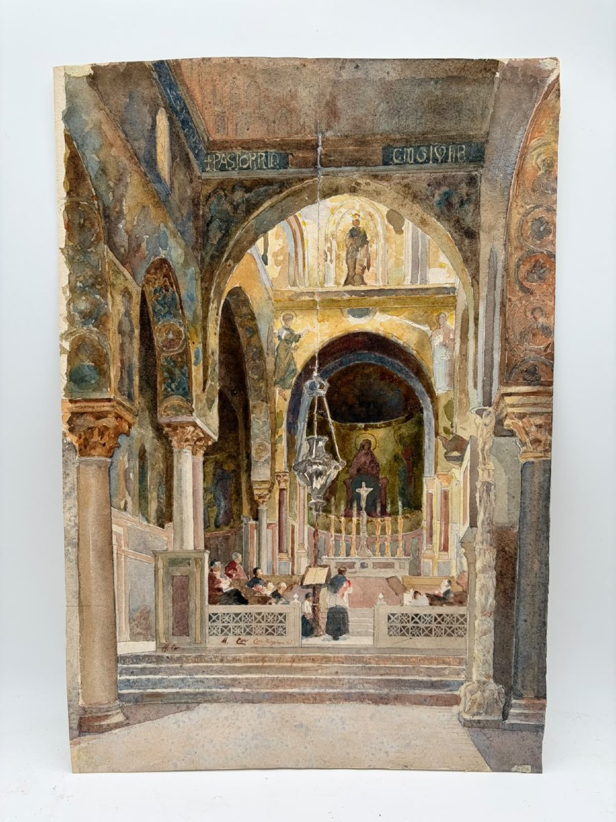 Michele Cortigiani – Intérieur de la Chapelle Palatine de Palerme – Aquarelle