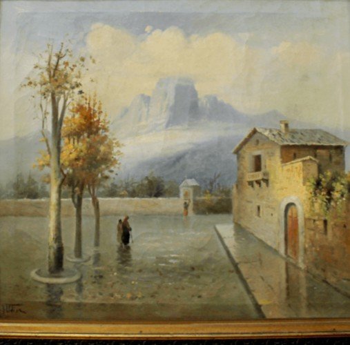 « paysage De Banlieue » Vincenzo Udine, Huile Sur Toile.-photo-2