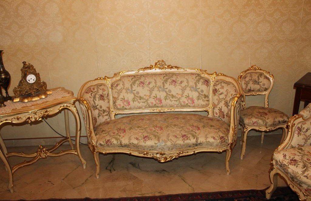 Large Louis XV Living Room Set In Lacquer And Gold, 14-piece Set-photo-3