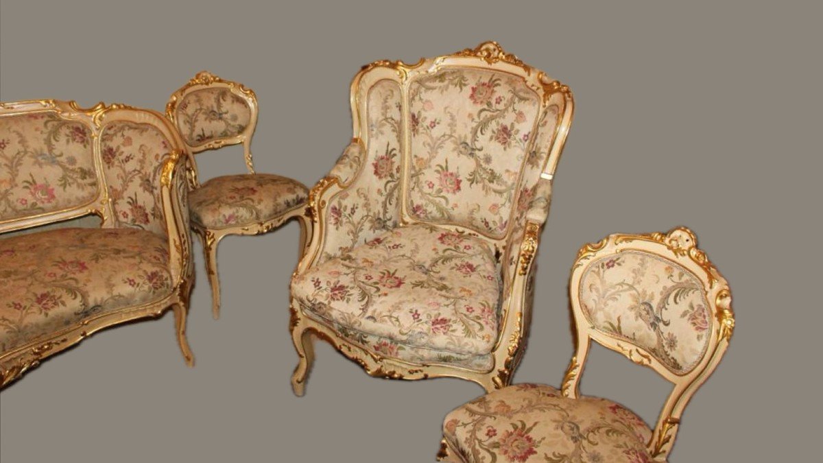 Large Louis XV Living Room Set In Lacquer And Gold, 14-piece Set-photo-4