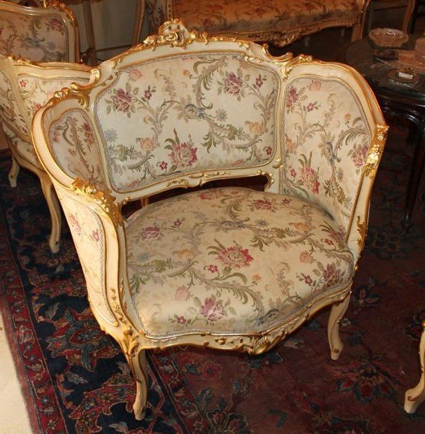 Large Louis XV Living Room Set In Lacquer And Gold, 14-piece Set-photo-2