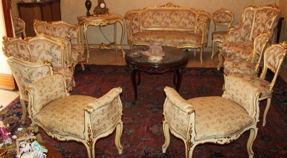 Large Louis XV Living Room Set In Lacquer And Gold, 14-piece Set
